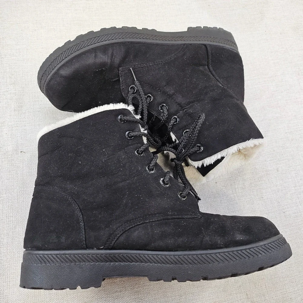 Merence Womens Ankle Boots Black Faux Fur Lined Lace Up Lug‎ Sole EU 40 / 9.5